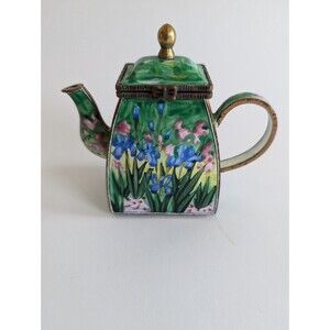 Kelvin Chen Teapot Miniature Enamel Wild Iris Floral Trinket Box No. 2010 2001